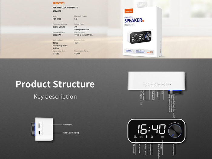 اسپیکر بلوتوثی ساعت دار رسی مدل RSK-W11